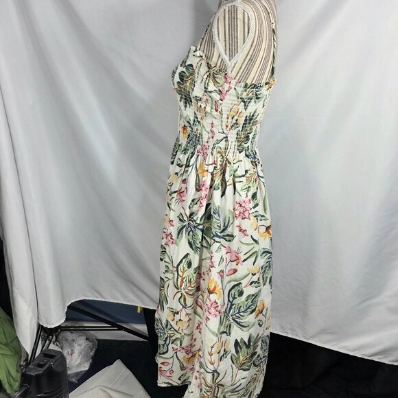 H&M White w/Multi Floral Print Removable Spaghetti Strap Smocked Top Dress Large - Picture 4 of 9